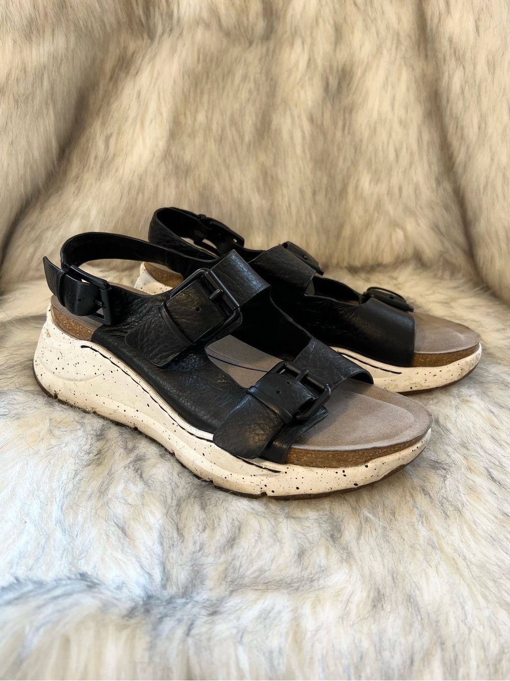 Bionica black leather buckle platform wedge sandals comfort walking vacation